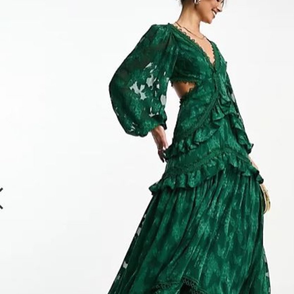 ASOS DESIGN floral jacquard cut out midi dress in forest green